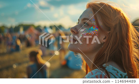 female model looking out over the summer music festival, with a sparkling, glitter crystal face paint 114694489