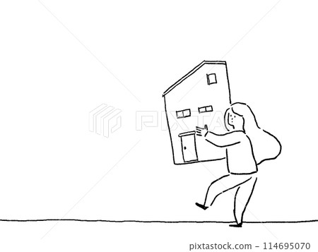 Full body, line drawing, of a woman holding a model of a house Full body, line drawing, of a woman holding a model of a house 114695070