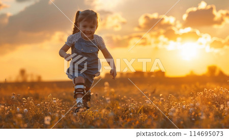 Smiling little girl with prosthetic leg running on field at sunset 114695073