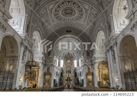 Interior architecture view of St. Michael's Church (Michaelskirche Jesuit church) in Munich. 114695223