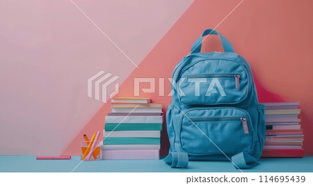Blue Backpack With Books and Crayons on Pink Background 114695439