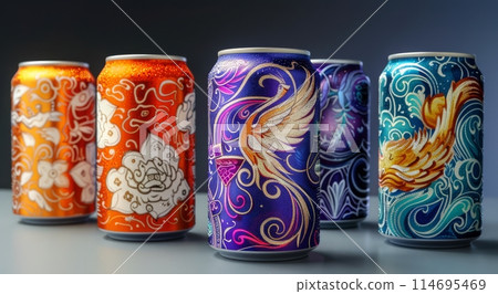 Row of Colorful Cans With Designs 114695469