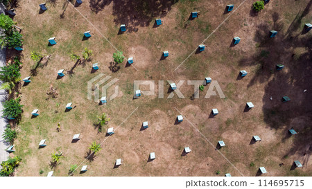Aerial view of a rooster farm with small houses for the roosters. Home chicken farm in Asia Aerial view of a rooster farm with small houses for the roosters. Home chicken farm in Asia 114695715