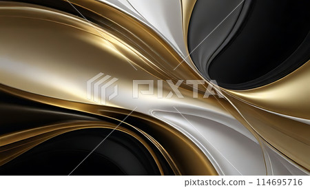 Abstract fluid swirls and curves composition in a harmonious black, gold and pure white with sense of movement smooth gradient. 114695716