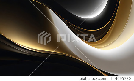 Abstract fluid swirls and curves composition in a harmonious black, gold and pure white with sense of movement smooth gradient. 114695720