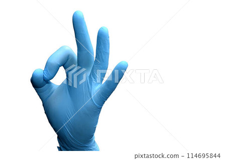 Hand in a blue medical glove, OK sign on a transparent isolated background 114695844