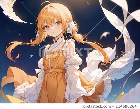 橙色頭髮雙馬尾美麗女孩的插圖 橙色頭髮雙馬尾美麗女孩的插圖 114696264