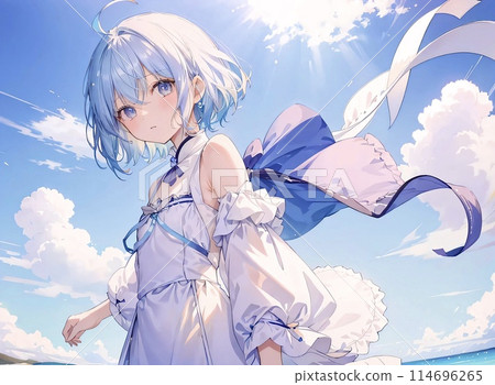 插畫美麗的女孩銀藍頭髮短髮 114696265