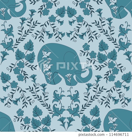 Ethnic oriental seamless vector pattern with elephant in folk style. Ethnic oriental seamless vector pattern with elephant in folk style. 114696711