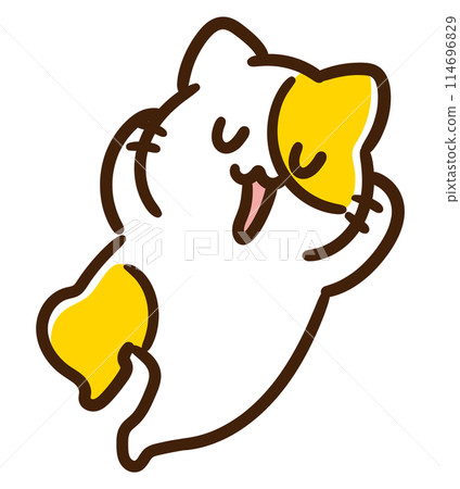 A comical illustration of a cute cat character lazily lying on the floor 114696829