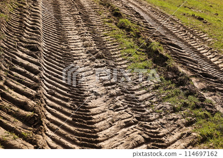 The dirt road is full of tire tracks 114697162
