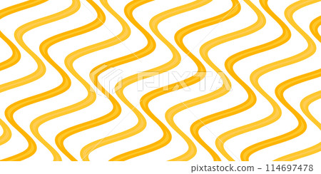 Pattern of wavy yellow lines on white. Background of their twisted noodles in flat graphic style Pattern of wavy yellow lines on white. Background of their twisted noodles in flat graphic style 114697478