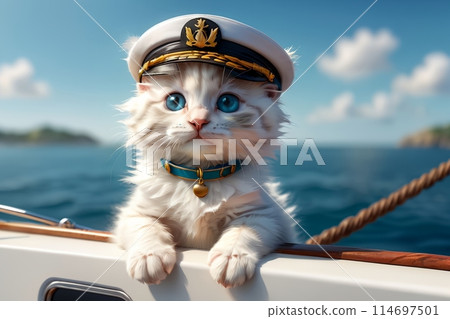 cute kitten captain of a ship at sea, summer vacation cute kitten captain of a ship at sea, summer vacation 114697501