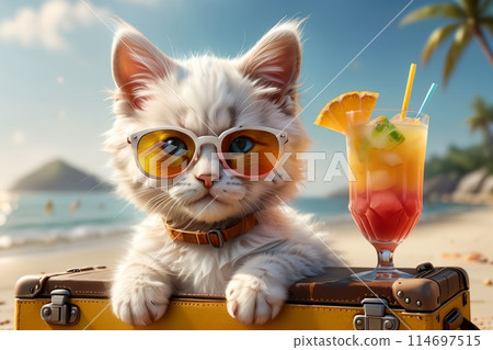 cute kitten with a suitcase at sea with a cocktail in a glass cute kitten with a suitcase at sea with a cocktail in a glass 114697515