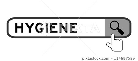 Search banner in word hygiene with hand over magnifier icon on white background 114697589