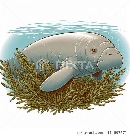 儒艮在水生植物上休息 114697871