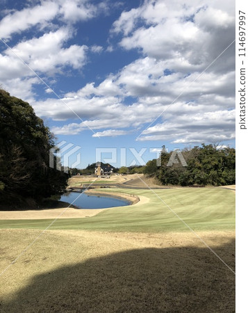 Golf course green and white clouds 114697997