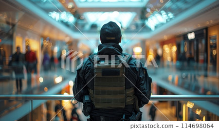 Police Officer Standing in Shopping Mall 114698064