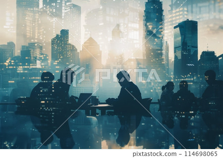 Business People Silhouettes Meeting at Table in City 114698065