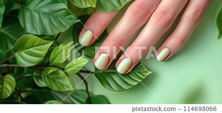 Green Manicured Womans Hands on Green Background Green Manicured Womans Hands on Green Background 114698066