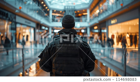Police Officer Standing in Shopping Mall 114698083