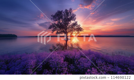 Lone Tree by Lake at Sunset 114698122