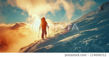 Skier Standing on Snow Covered Mountain Top 114698312