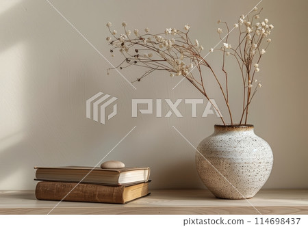 Vase on Table Next to Open Book 114698437