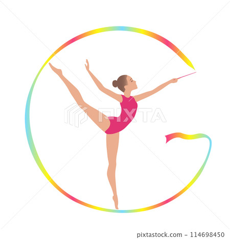 Artistic Sport Dance Performance. Girl gymnast with ribbon in rainbow colors in the shape of the letter G. Artistic Sport Dance Performance. Girl gymnast with ribbon in rainbow colors in the shape of the letter G. 114698450