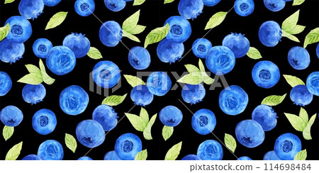 Blueberry watercolor pattern. Seamless pattern of ripe berries on a black background. Botanical hand drawn illustration for fabric, textile, wallpaper, wrapping paper. 114698484