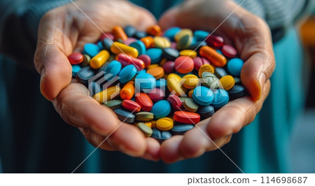 Person Holding Handful of Pills 114698687