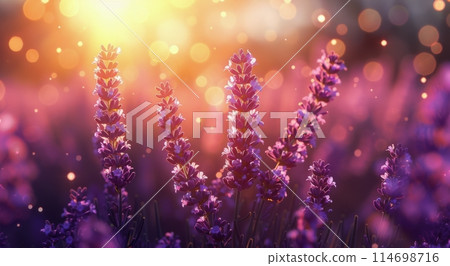 Lavender flowers swaying in the wind during sunset 114698716