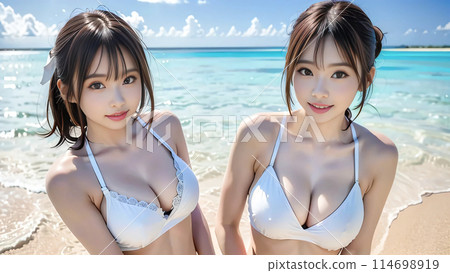 熱帶海灘（泳池）上的泳裝女人 114698919