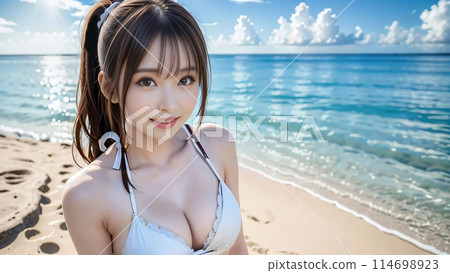 Woman in swimsuit at tropical beach (pool) 114698923