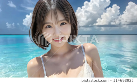 熱帶海灘（泳池）上的泳裝女人 114698925