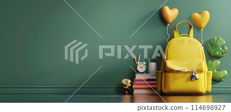 yellow backpack with school supplies on a green background with copy space for text and doodle elements, concept artwork design template in the style of back to middle school. 114698927