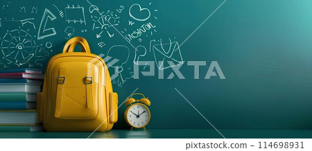 yellow backpack with school supplies on a green background with copy space for text and doodle elements, concept artwork design template in the style of back to middle school. yellow backpack with school supplies on a green background with copy space for text and doodle elements, concept artwork design template in the style of back to middle school. 114698931