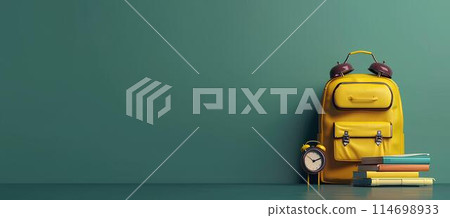 yellow backpack with school supplies on a green background with copy space for text and doodle elements, concept artwork design template in the style of back to middle school. 114698933