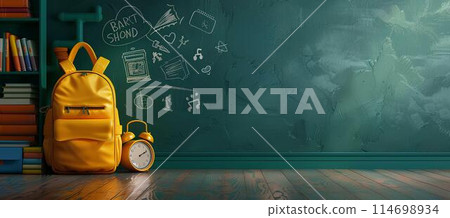 yellow backpack with school supplies on a green background with copy space for text and doodle elements, concept artwork design template in the style of back to middle school. 114698934