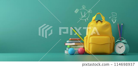 yellow backpack with school supplies on a green background with copy space for text and doodle elements, concept artwork design template in the style of back to middle school. yellow backpack with school supplies on a green background with copy space for text and doodle elements, concept artwork design template in the style of back to middle school. 114698937
