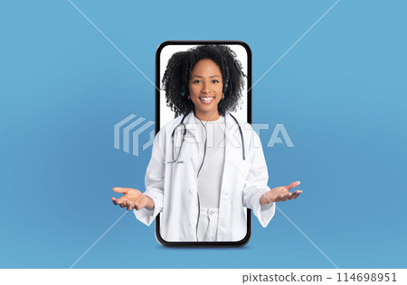 A telemedicine session is featured with a young African American woman medical expert, who stands inside a smartphone screen in a well-equipped medical office. 114698951