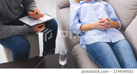 At psychotherapist. Depressed woman lying on sofa, consulting with psychologist at session 114699081