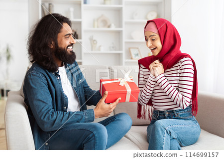 Eastern man and a woman are sitting on a couch, both holding a present. They seem to be in a cozy living room setting, sharing a moment of gift-giving and celebration. Eastern man and a woman are sitting on a couch, both holding a present. They seem to be in a cozy living room setting, sharing a moment of gift-giving and celebration. 114699157