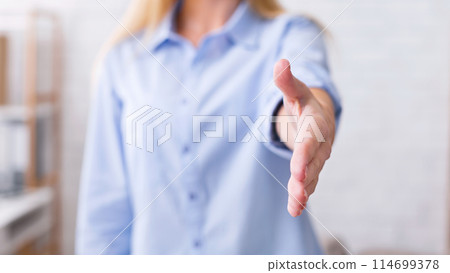 Politeness and good manners at work. Female helping hand extended at camera for handshake, welcoming gesture Politeness and good manners at work. Female helping hand extended at camera for handshake, welcoming gesture 114699378