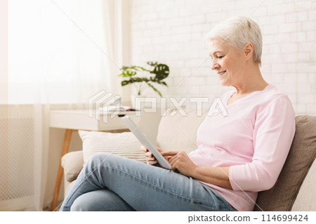 Smiling beautiful senior woman using digital tablet at home, empty space 114699424