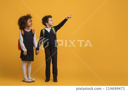 African American young boy and a girl schoolers are pointing at an indiscernible object or direction on yellow background. Their fingers are extended and they are looking intently at the same point. 114699471