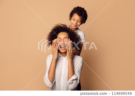 African American young child is gleefully covering his mothers eyes from behind as they both share a moment of joy and surprise African American young child is gleefully covering his mothers eyes from behind as they both share a moment of joy and surprise 114699549