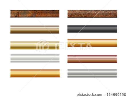 Pipe set isolated on background. Chrome, rusty, steel, golden, copper and iron pipes profile. Cylinder metal tubes. Vector Pipe set isolated on background. Chrome, rusty, steel, golden, copper and iron pipes profile. Cylinder metal tubes. Vector 114699568