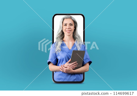 A virtual healthcare consultation is conducted by middle aged woman physician displayed within a smartphone, in a clean and contemporary setting. 114699617