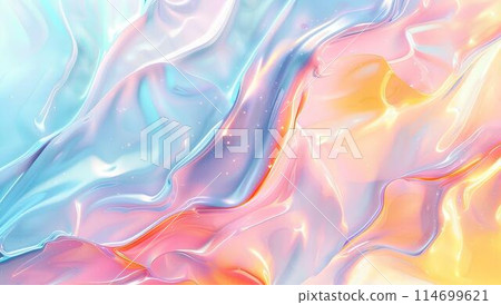 Abstract background with holographic gradient in blue, pink and orange colors. Beautiful blurred wallpaper for your design project. Iridescent liquid texture with wavy shapes.  114699621